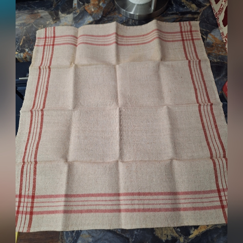 Vintage Linen Beige Kitchen Towelwith Red Stripes.has A Few Small Mark.read